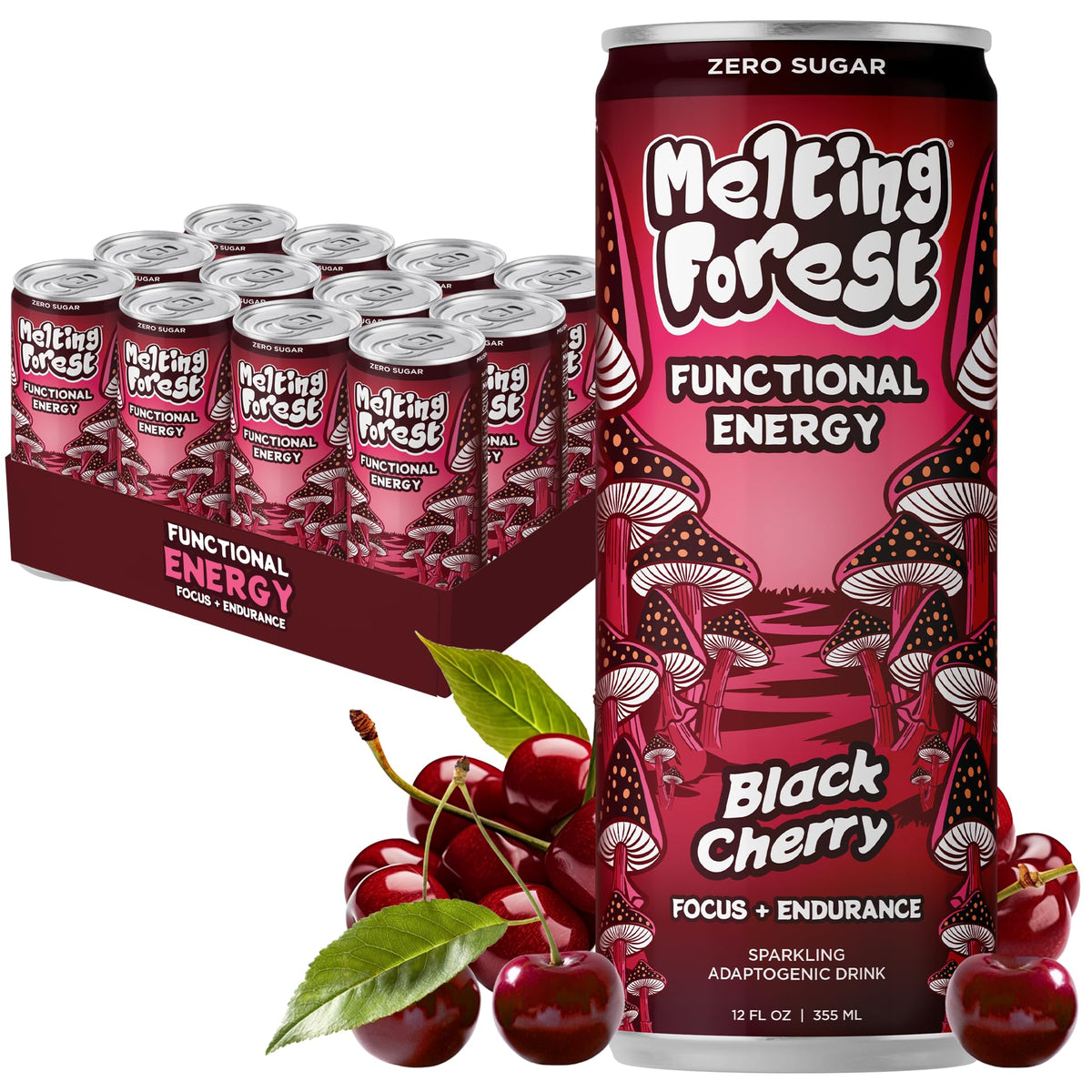 Melting Forest Functional Mushroom Energy Drink – Black Cherry, 150mg Caffeine + L-Theanine, Cordyceps & Lion’s Mane – 12 Pack