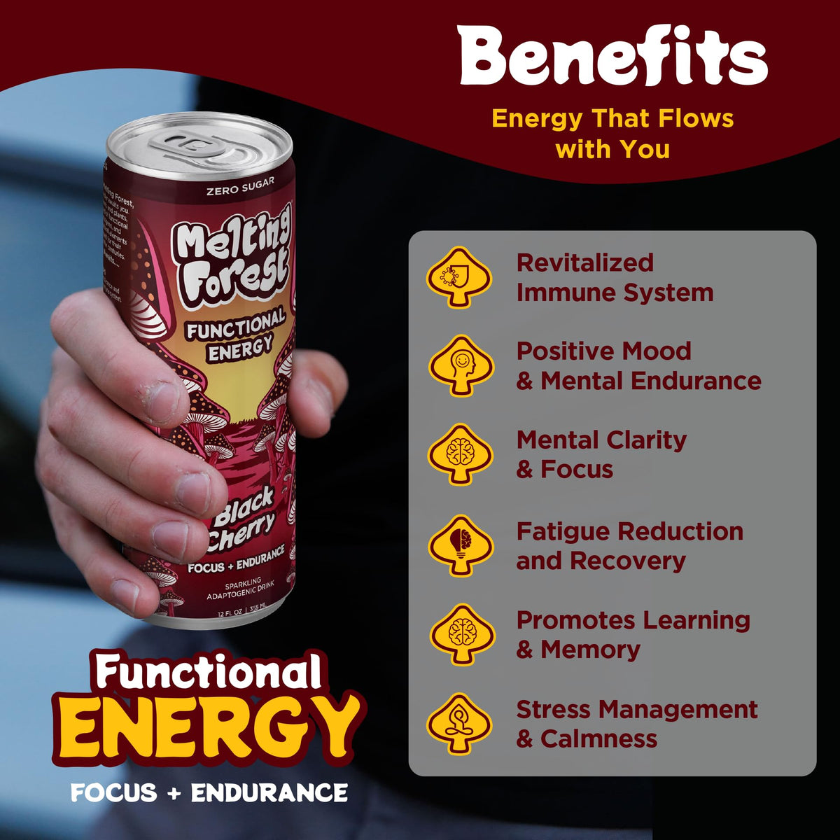 Melting Forest Functional Mushroom Energy Drink – Black Cherry, 150mg Caffeine + L-Theanine, Cordyceps & Lion’s Mane – 12 Pack