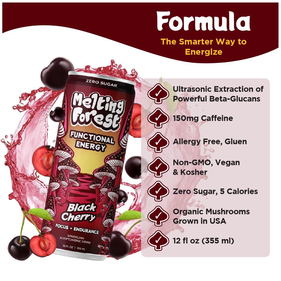 Melting Forest Functional Mushroom Energy Drink – Black Cherry, 150mg Caffeine + L-Theanine, Cordyceps & Lion’s Mane – 12 Pack