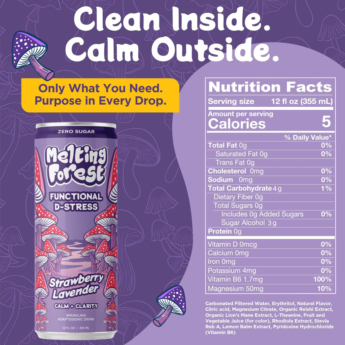 Melting Forest D-Stress Adaptogen Drink – Strawberry Lavender, 0 Sugar, 5 Cal | 12-Pack