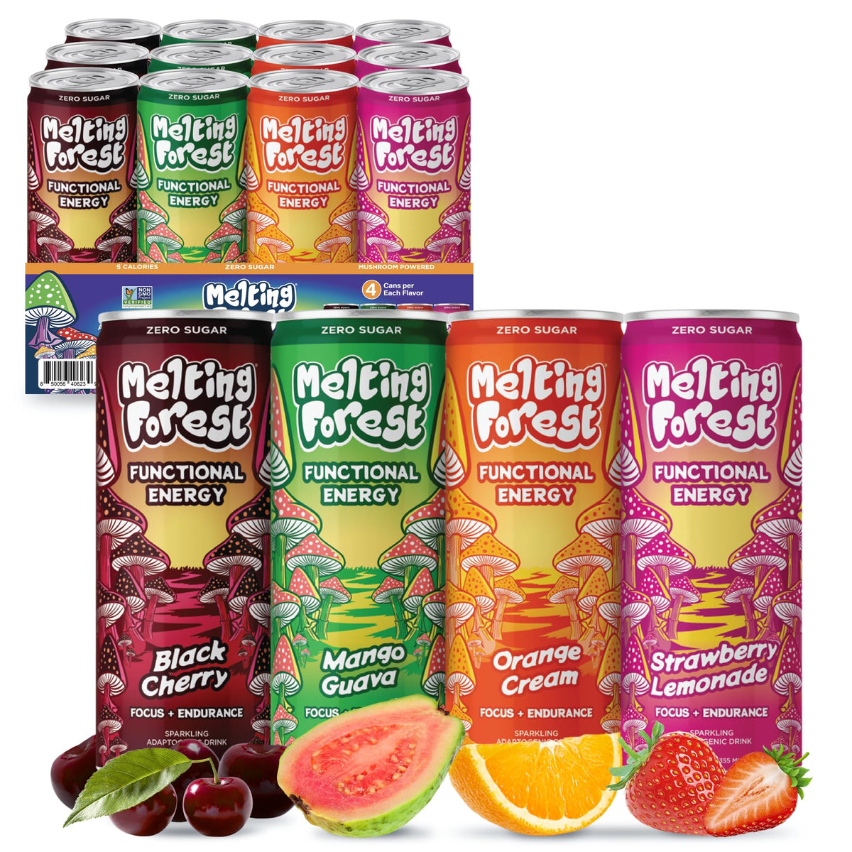 Melting Forest Functional Mushroom Energy Drink - 12 Pack Variety with Cordyceps & Lion's Mane