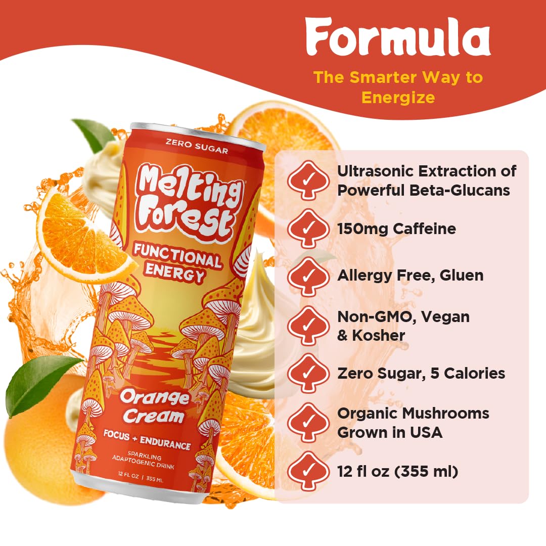 Melting Forest Orange Cream Mushroom Energy Drink – 150mg Caffeine, Cordyceps & Lion's Mane (12 Pack)
