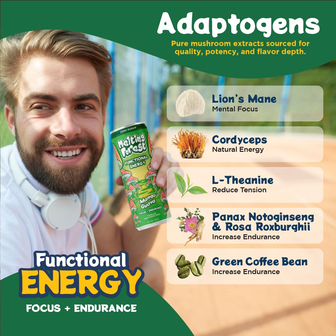 Melting Forest Mango Guava Mushroom Energy Drink – 150mg Caffeine + L-Theanine | Focus & Clarity (12 Pack)