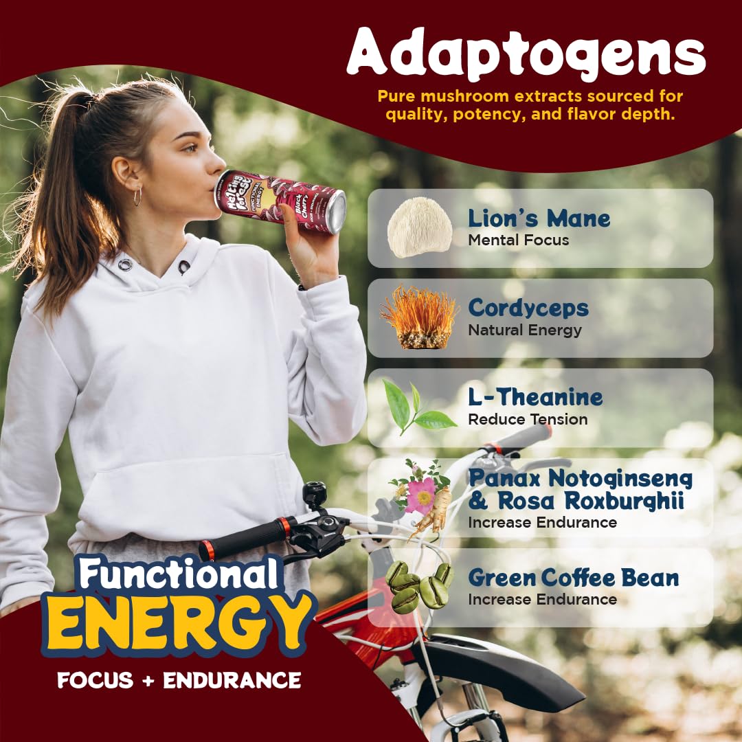 Melting Forest Functional Mushroom Energy Drink – Black Cherry, 150mg Caffeine + L-Theanine, Cordyceps & Lion’s Mane – 12 Pack
