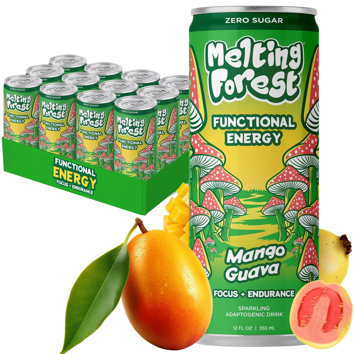Melting Forest Mango Guava Mushroom Energy Drink – 150mg Caffeine + L-Theanine | Focus & Clarity (12 Pack)