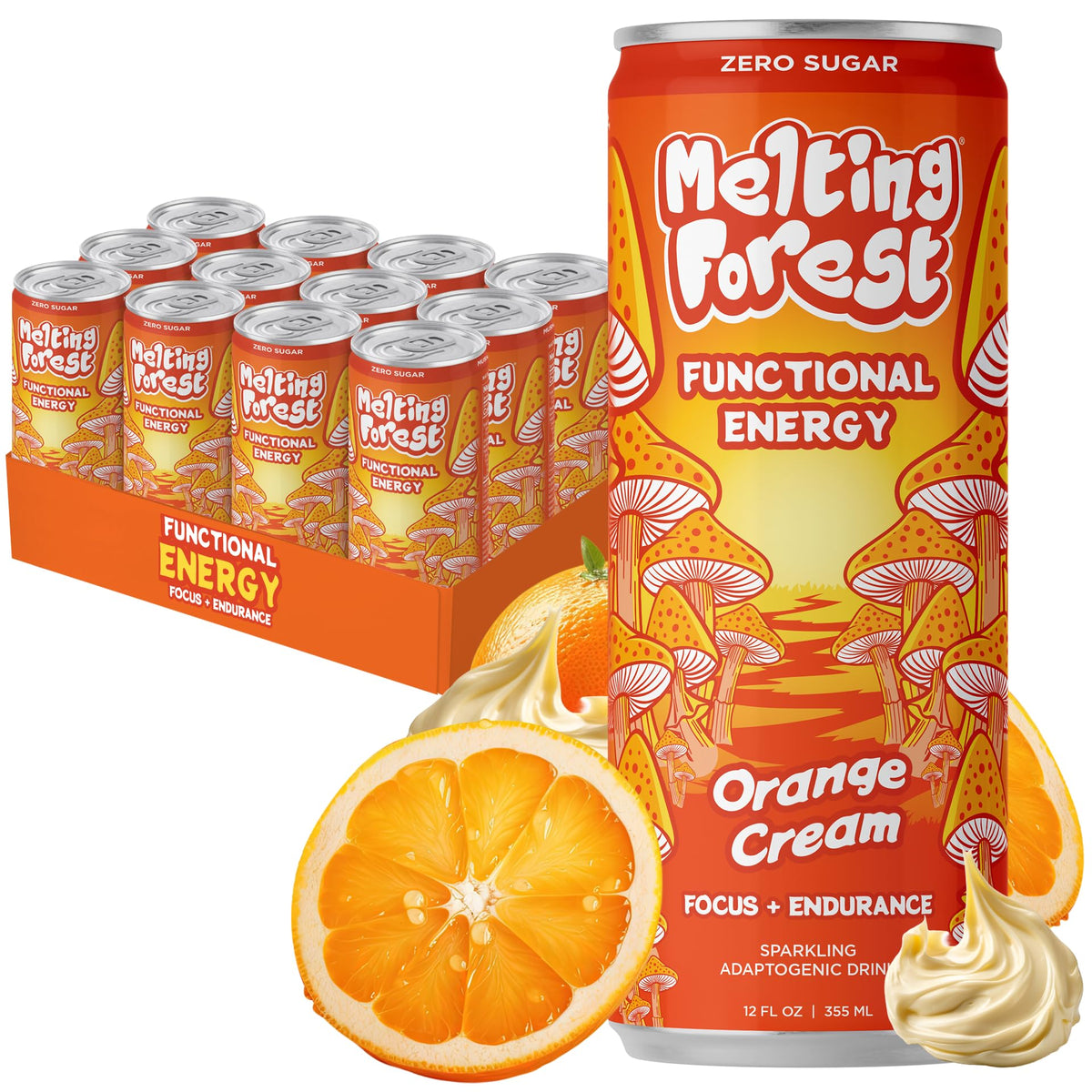 Melting Forest Orange Cream Mushroom Energy Drink – 150mg Caffeine, Cordyceps & Lion's Mane (12 Pack)
