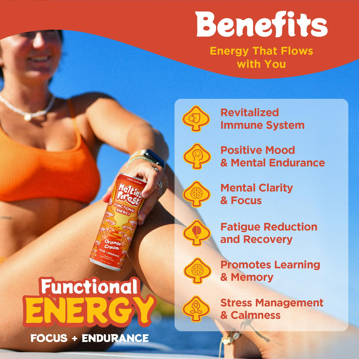 Melting Forest Orange Cream Mushroom Energy Drink – 150mg Caffeine, Cordyceps & Lion's Mane (12 Pack)