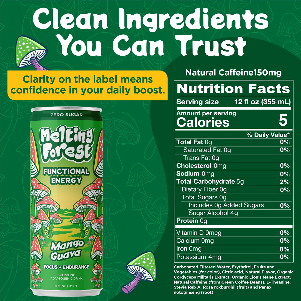 Melting Forest Mango Guava Mushroom Energy Drink – 150mg Caffeine + L-Theanine | Focus & Clarity (12 Pack)