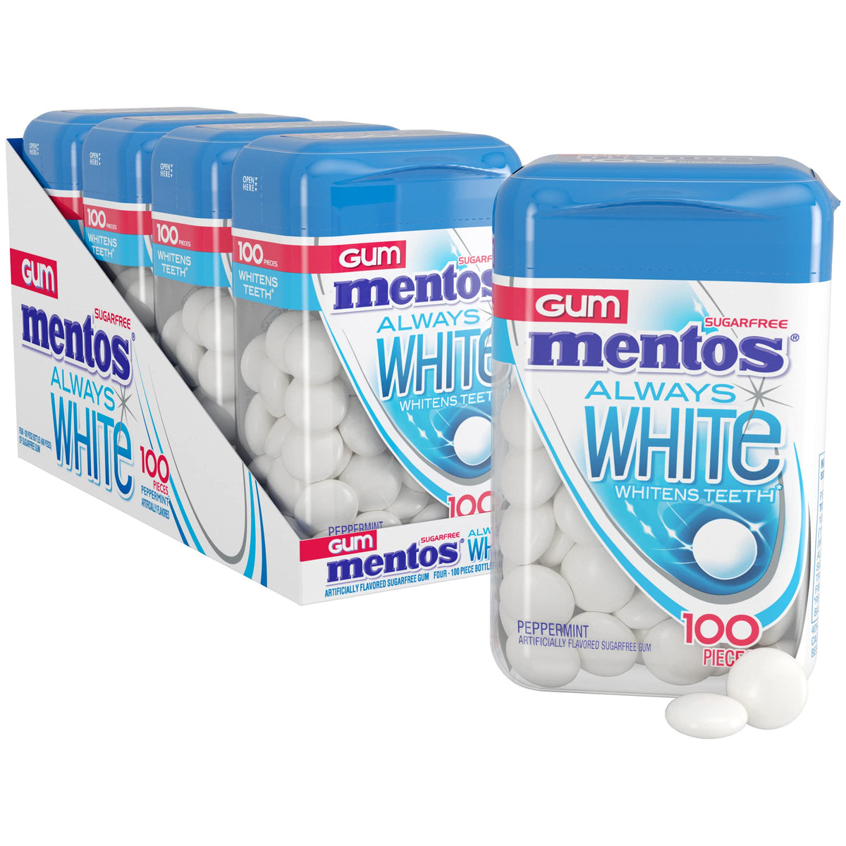 MENTOS Always White Peppermint Sugar Free Gum with Xylitol – 4 Bottles (100 pcs each)