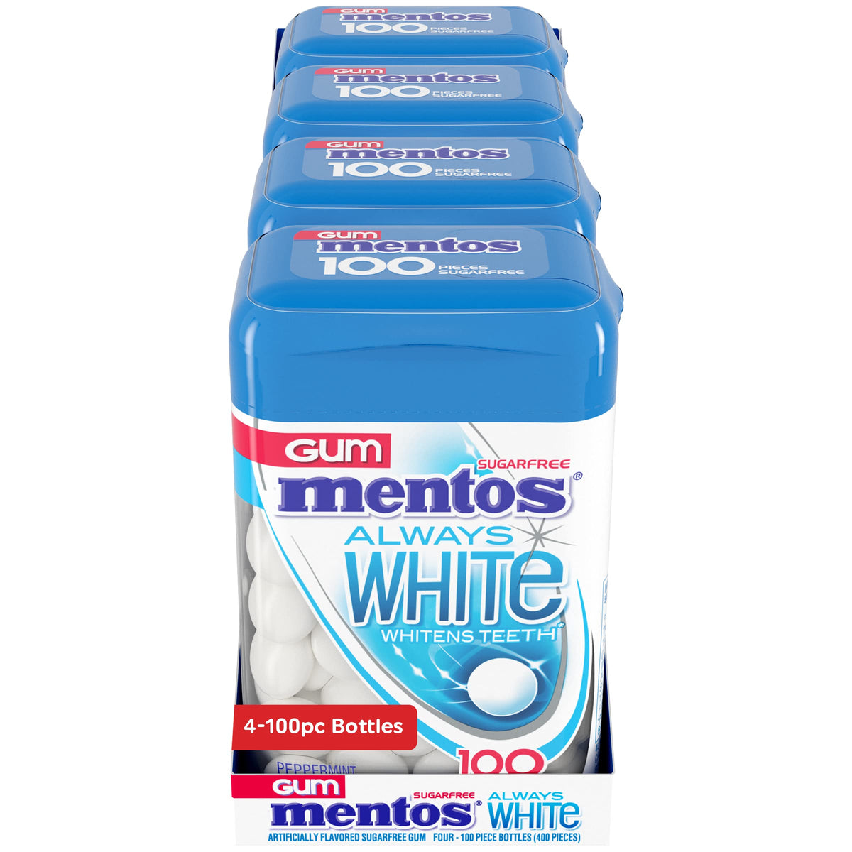 MENTOS Always White Peppermint Sugar Free Gum with Xylitol – 4 Bottles (100 pcs each)