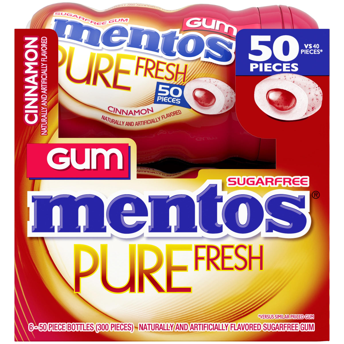 Mentos Pure Fresh Cinnamon Sugar-Free Gum with Xylitol – 6 Bottles (50 Pieces Each)