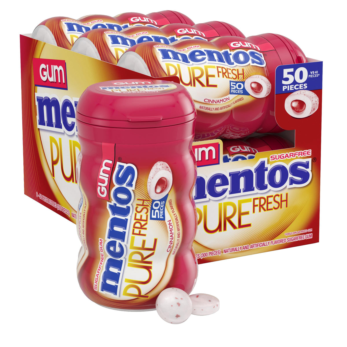 Mentos Pure Fresh Cinnamon Sugar-Free Gum with Xylitol – 6 Bottles (50 Pieces Each)