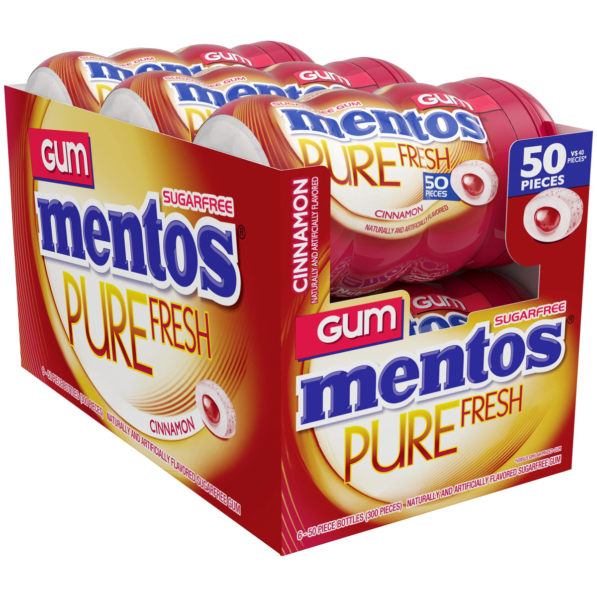 Mentos Pure Fresh Cinnamon Sugar-Free Gum with Xylitol – 6 Bottles (50 Pieces Each)