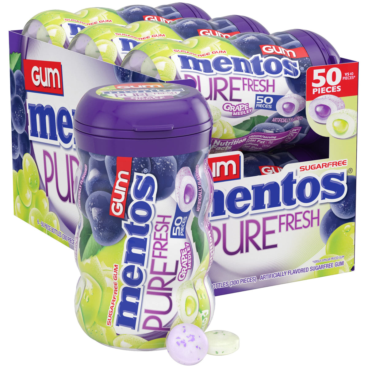 Mentos Pure Fresh Sugar-Free Gum – Grape Medley, 6 Bulk Bottles (300 Pieces)