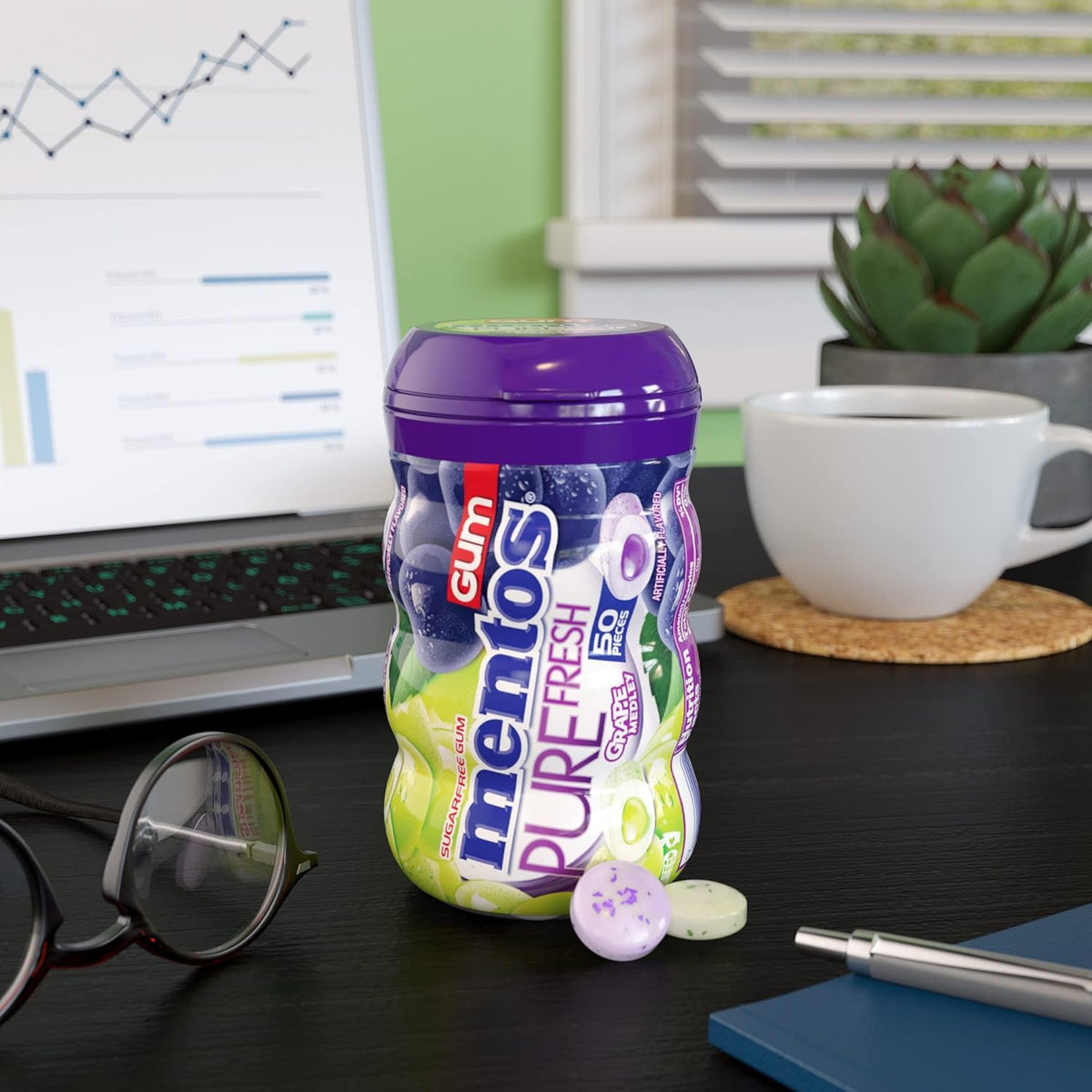 Mentos Pure Fresh Sugar-Free Gum – Grape Medley, 6 Bulk Bottles (300 Pieces)