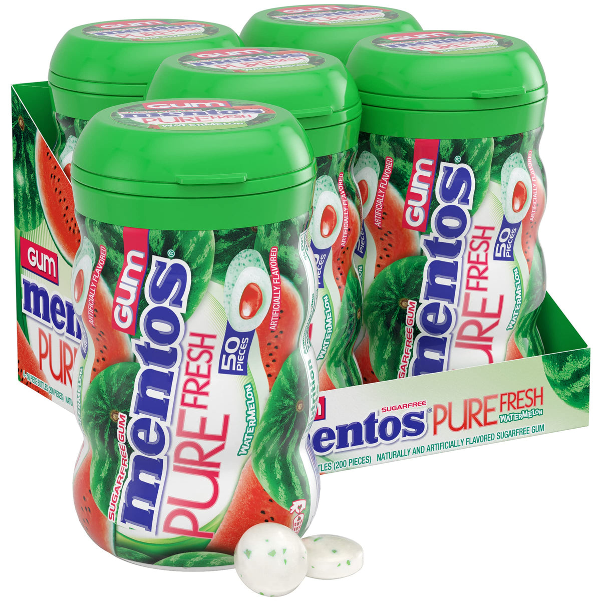 Mentos Pure Fresh Watermelon SugarFree Gum with Xylitol - 50pc Bottle x4 (Pack of 4)