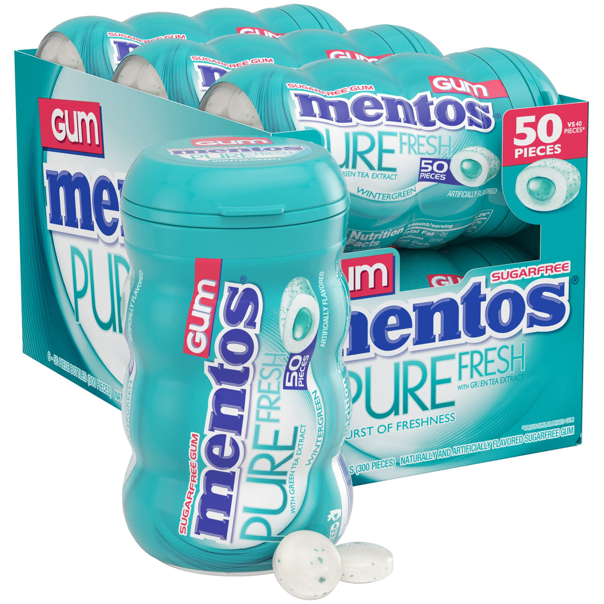 Mentos Pure Fresh Sugar-Free Wintergreen Gum with Xylitol – 6 Bottles (300 Pieces)