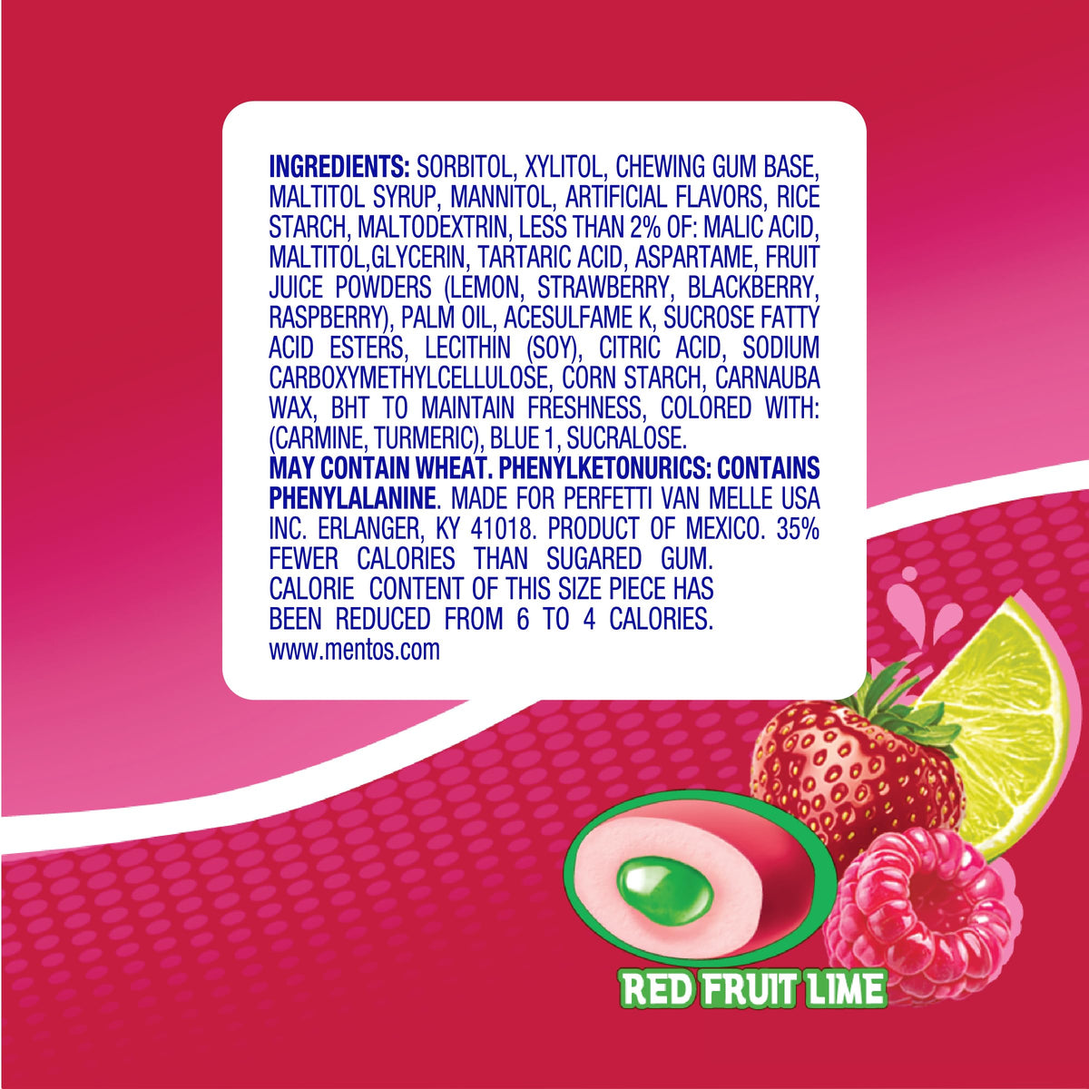 Mentos Sugar Free Gum Red Fruit Lime – 50 Pieces per Bottle (Pack of 6)