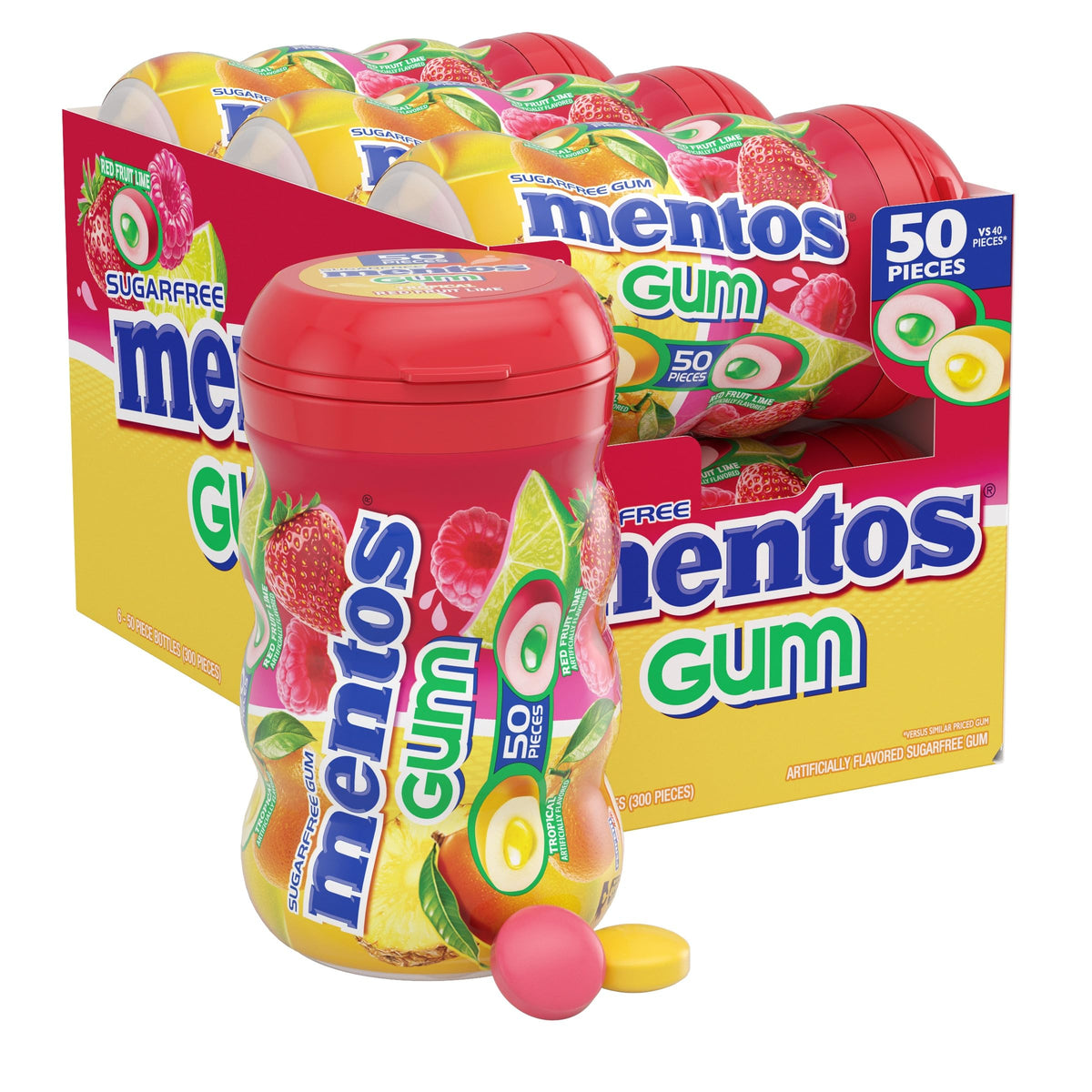 Mentos Sugar Free Gum Red Fruit Lime – 50 Pieces per Bottle (Pack of 6)