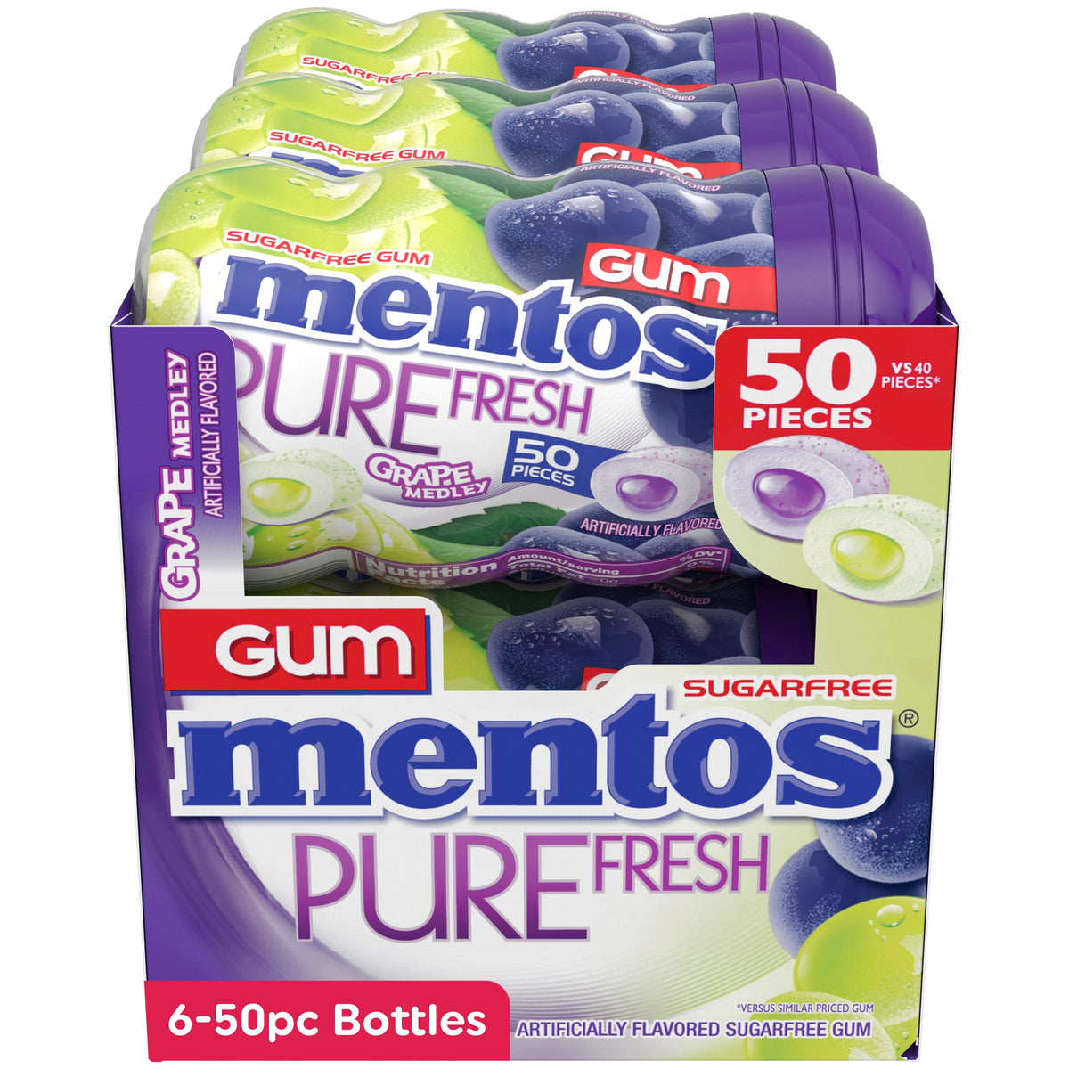 Mentos Pure Fresh Sugar-Free Gum – Grape Medley, 6 Bulk Bottles (300 Pieces)