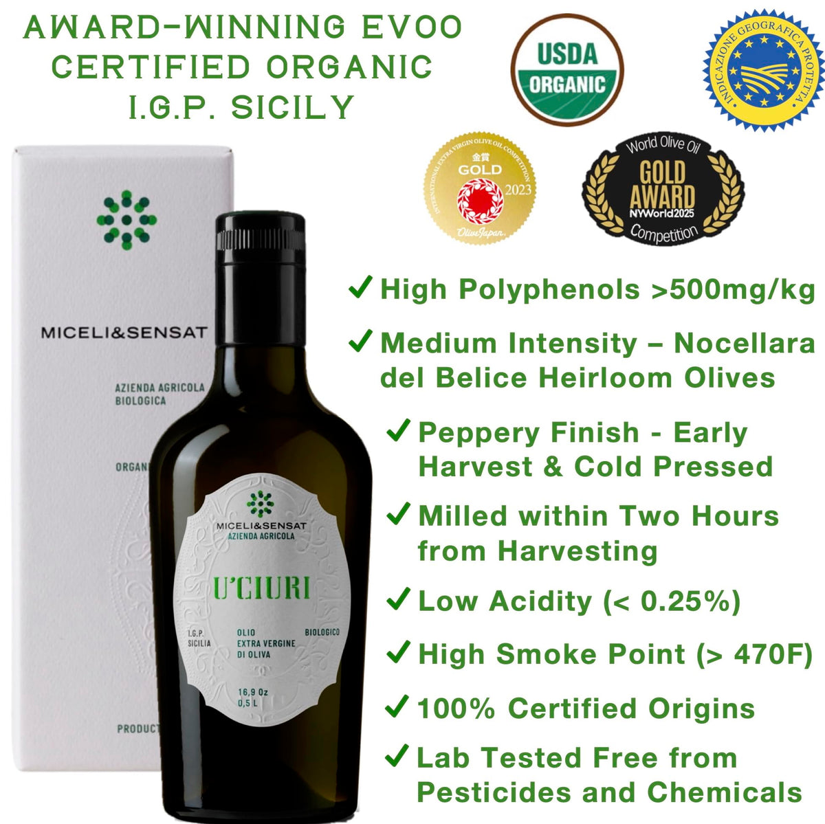 MICELI&SENSAT Fruity Medium Organic Olive Oil — 500+ mg/kg Polyphenols, Sicilian IGP, 2025 NYIOOC Gold, Cold Pressed (16.9 fl oz)