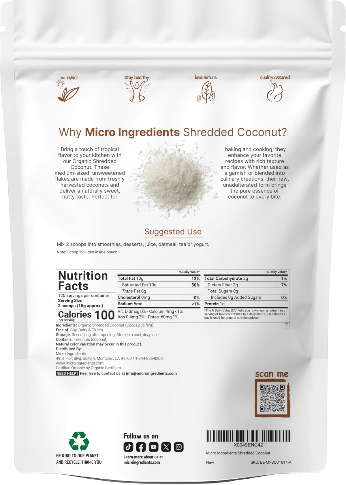 Organic Shredded Coconut Flakes 4lbs — Raw, Unsweetened, Keto-Friendly | Micro Ingredients