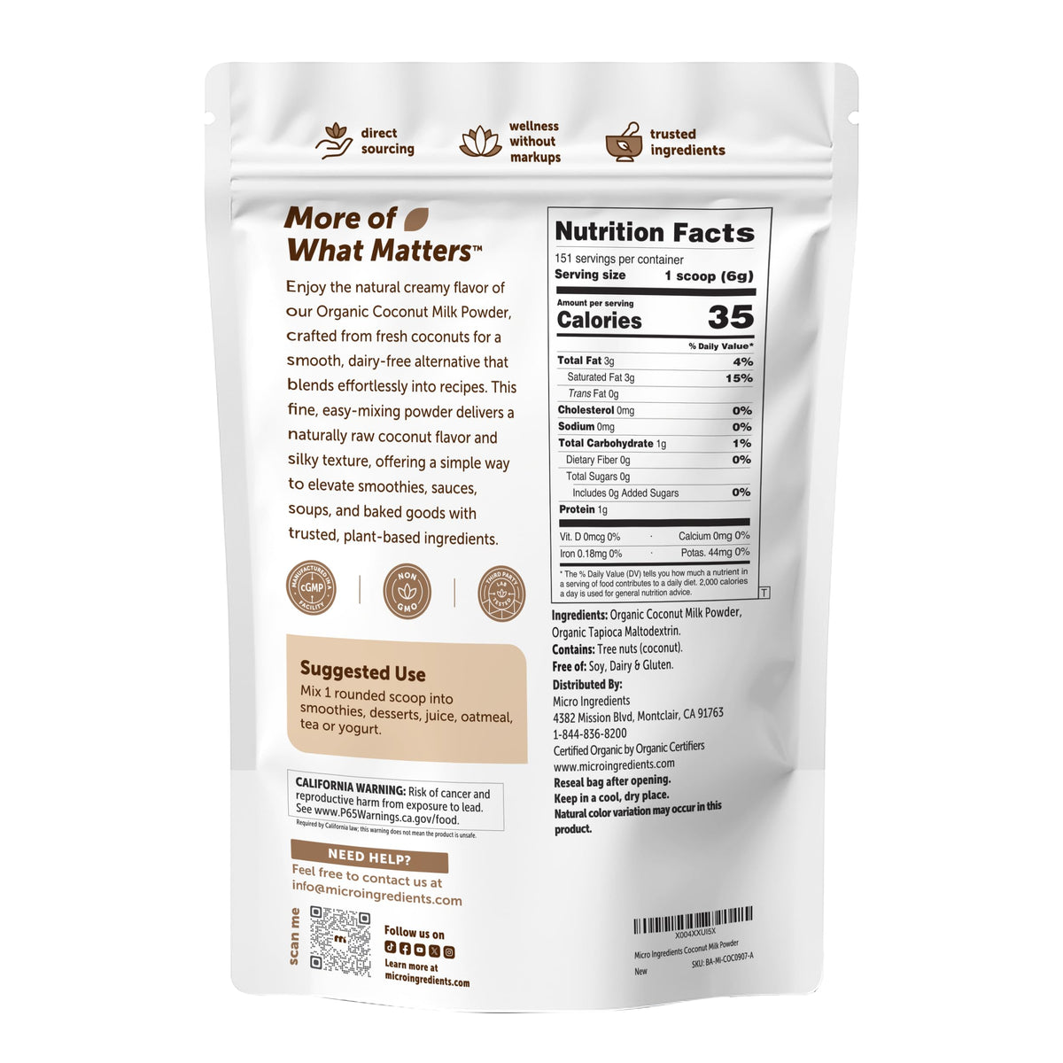 Micro Ingredients Organic Coconut Milk Powder 2 lb | Plant-Based Creamer for Coffee, Tea & Smoothies | Non-GMO, Gluten-Free, Keto & Paleo