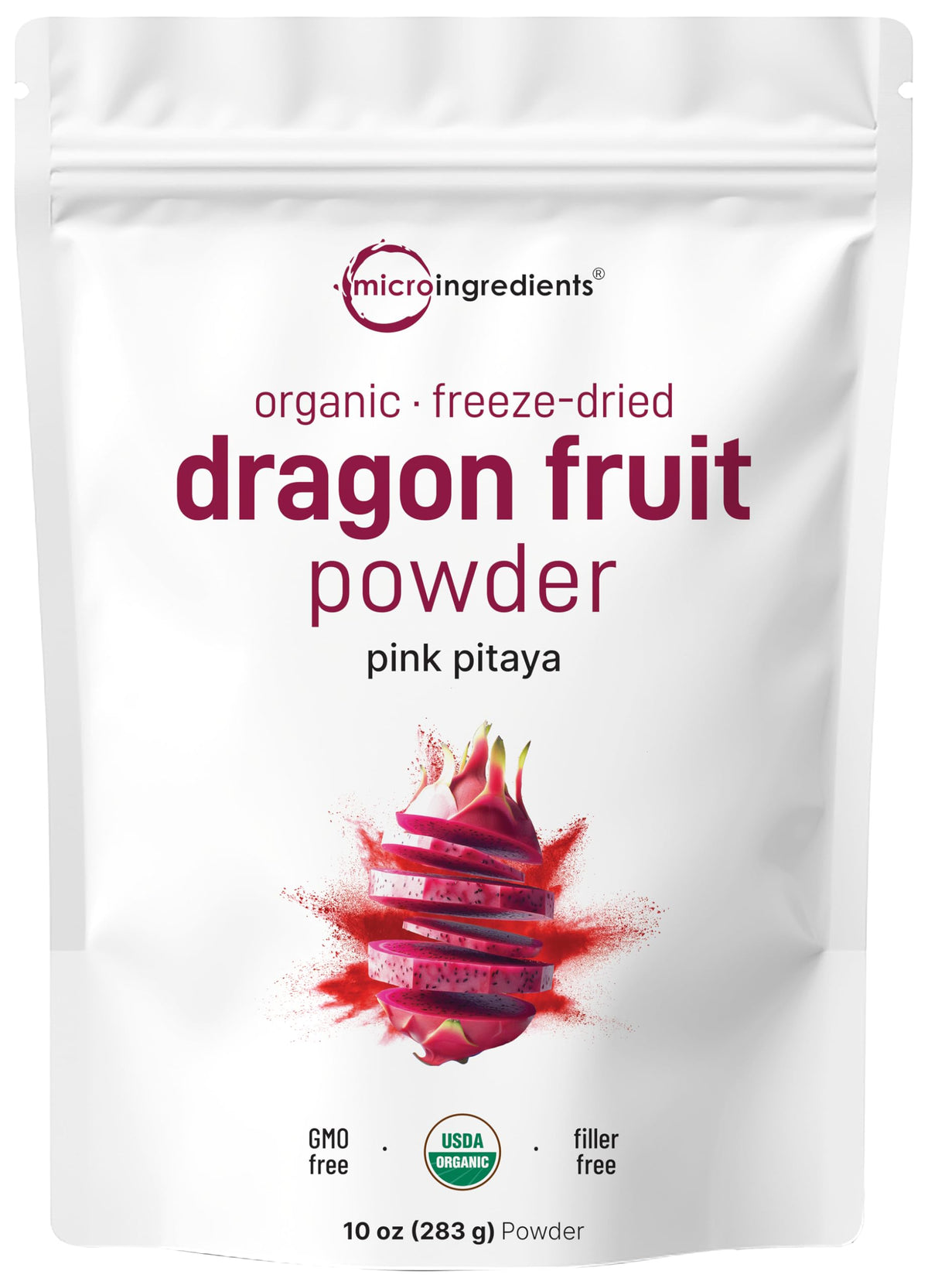 Micro Ingredients Organic Dragon Fruit Powder, 10oz | Freeze-Dried Pink Pitaya, No Sugar, Non-GMO, Vegan