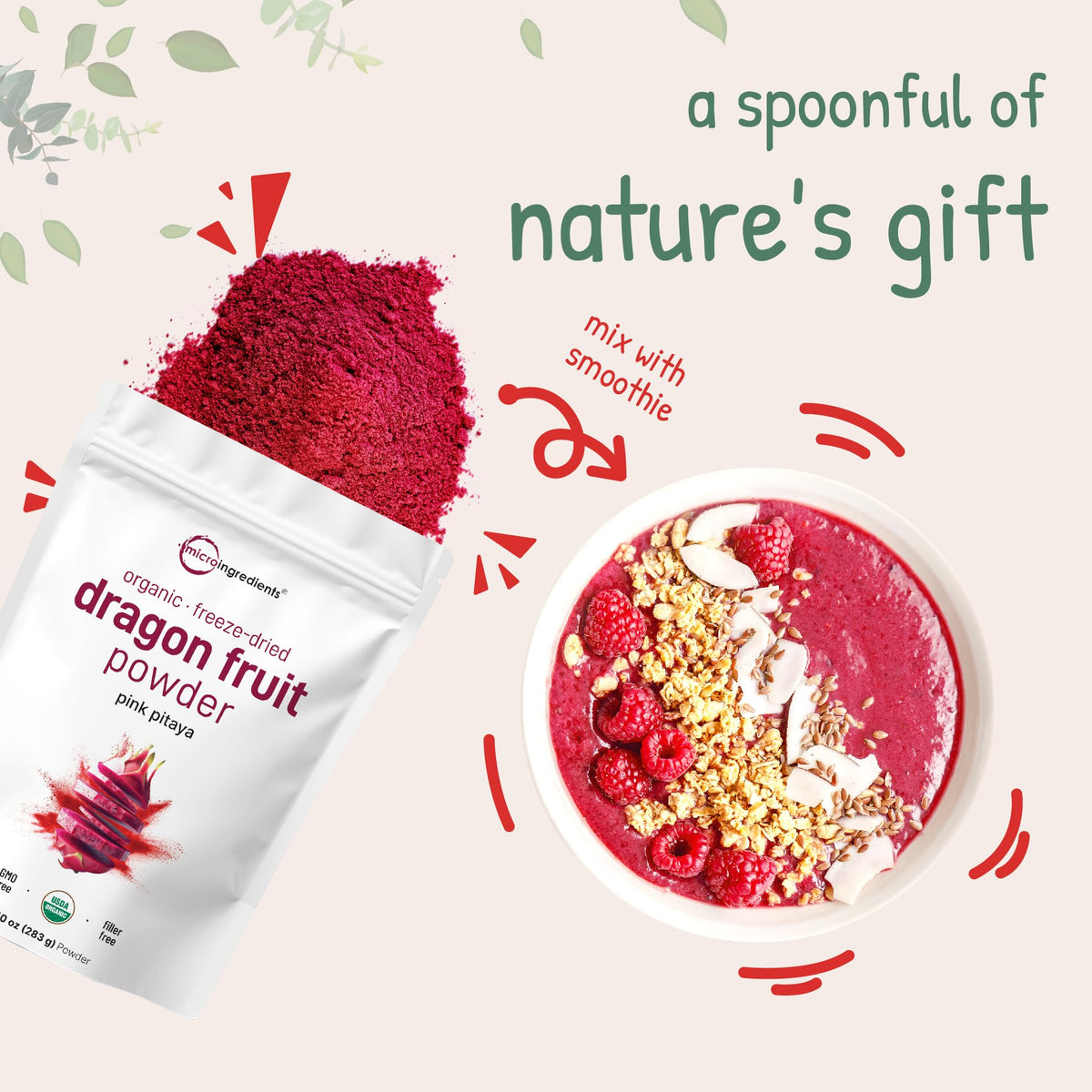Micro Ingredients Organic Dragon Fruit Powder, 10oz | Freeze-Dried Pink Pitaya, No Sugar, Non-GMO, Vegan