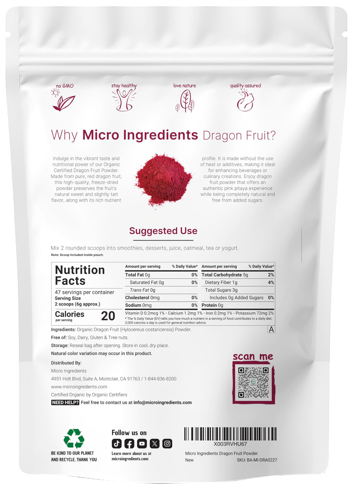 Micro Ingredients Organic Dragon Fruit Powder, 10oz | Freeze-Dried Pink Pitaya, No Sugar, Non-GMO, Vegan