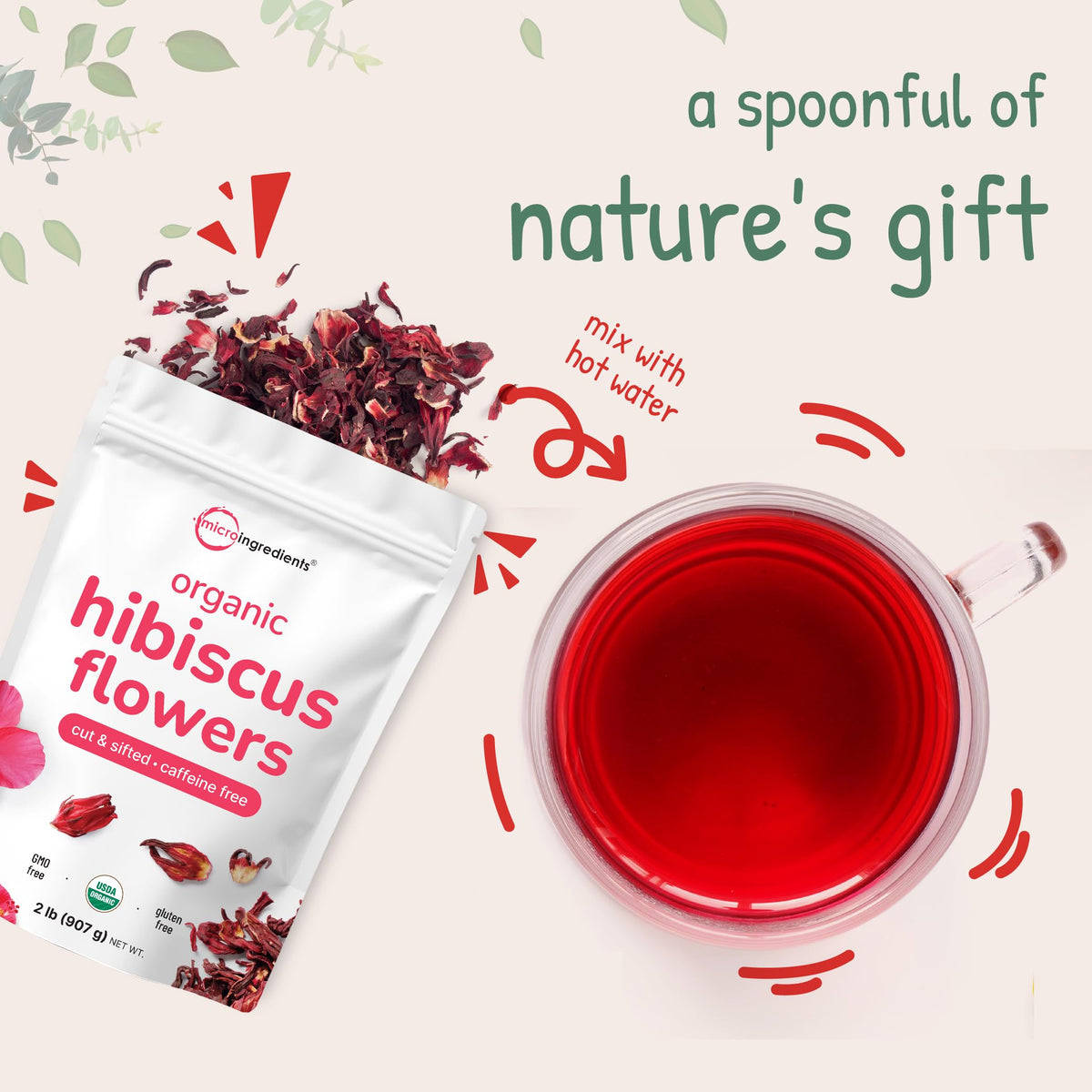 Organic Hibiscus Flowers, 2lbs | Micro Ingredients | Caffeine Free, Non-GMO, Loose Leaf Hibiscus Tea
