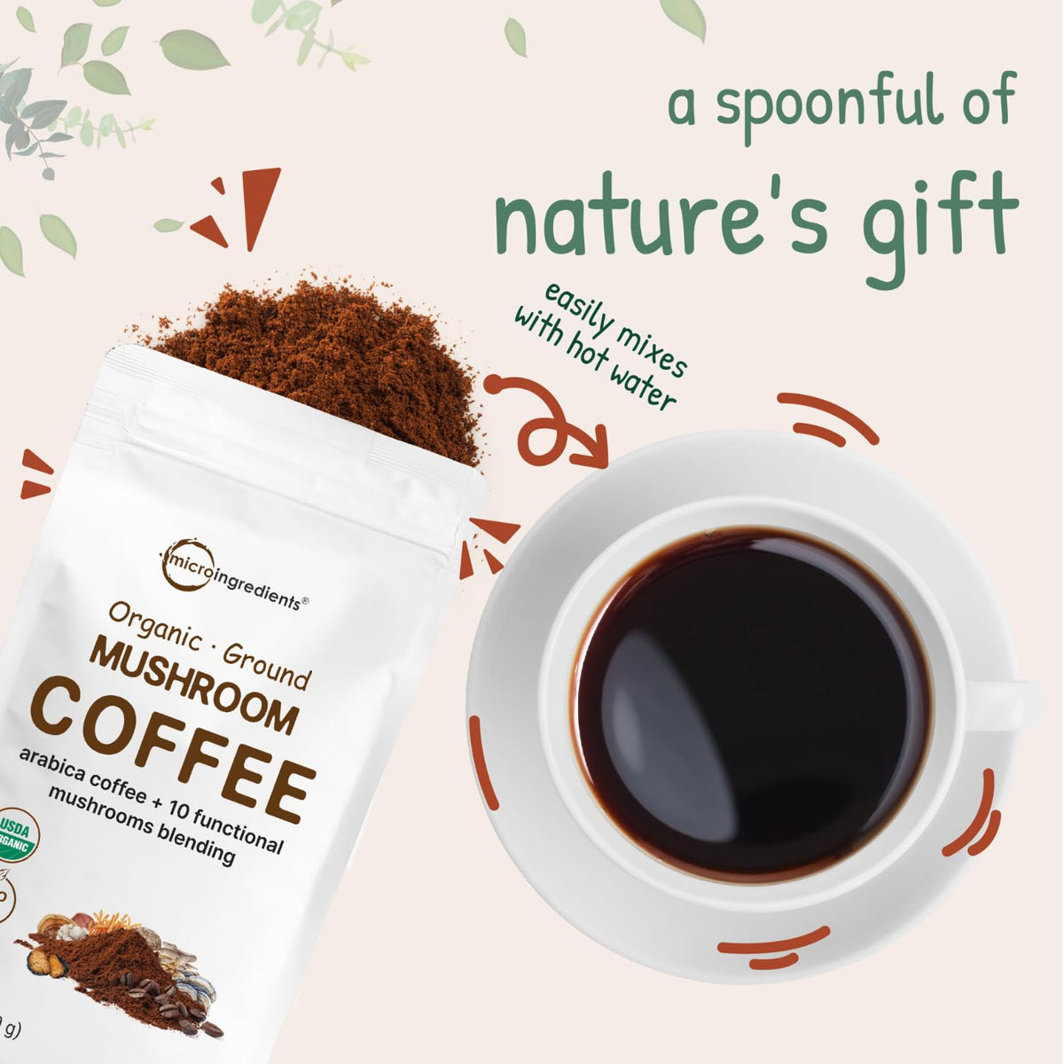 Micro Ingredients Organic 10 in 1 Ground Mushroom Coffee – 24 oz with Lion's Mane & Reishi