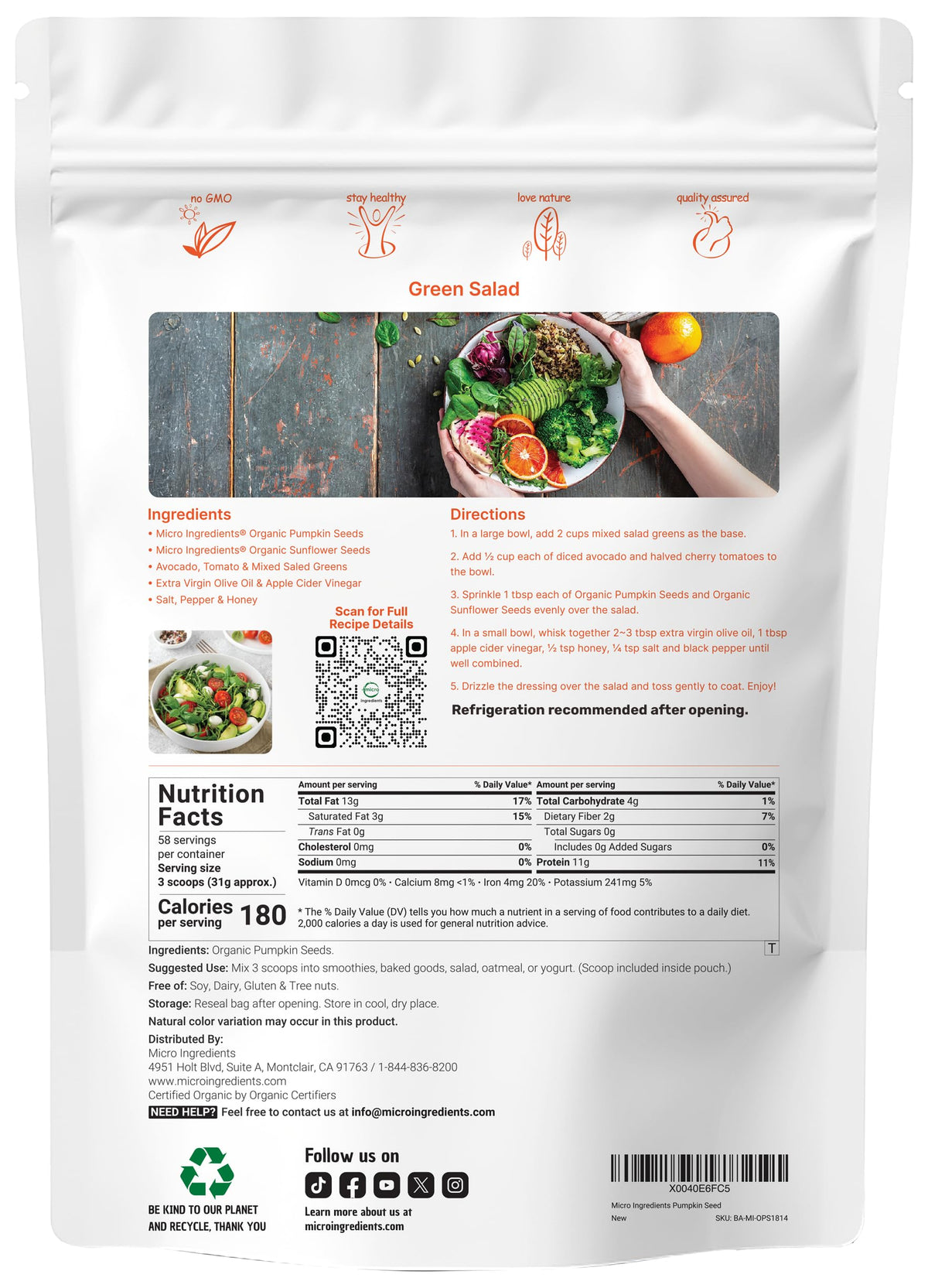 Micro Ingredients Organic Pumpkin Seeds, 4lb | Raw, Shelled Pepitas for Baking, Smoothies & Salads