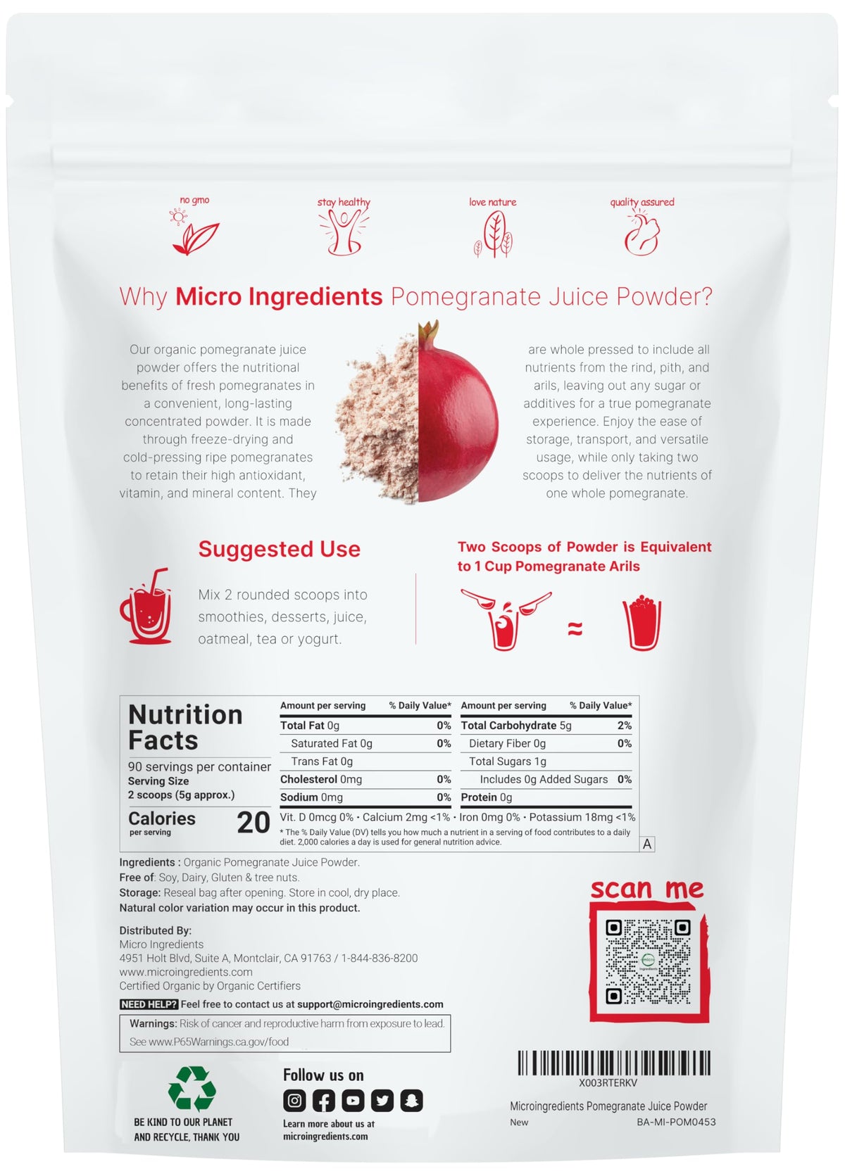 Micro Ingredients Organic Pomegranate Juice Powder — 1 lb, Freeze-Dried & Cold-Pressed