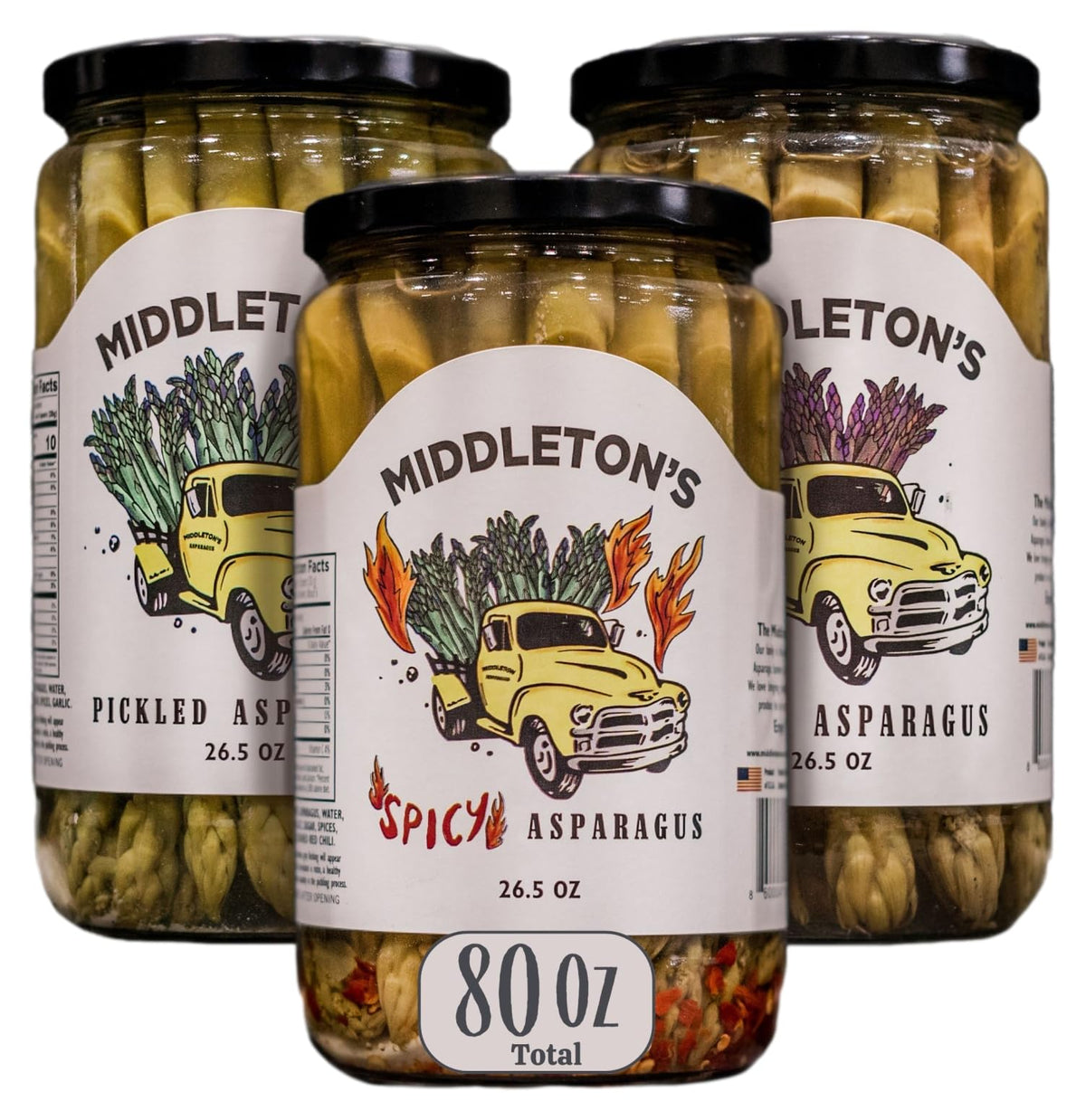 Middleton's Pickled Asparagus Variety Pack — Farm Direct Purple, Green & Spicy (3 x 26.5 oz jars)