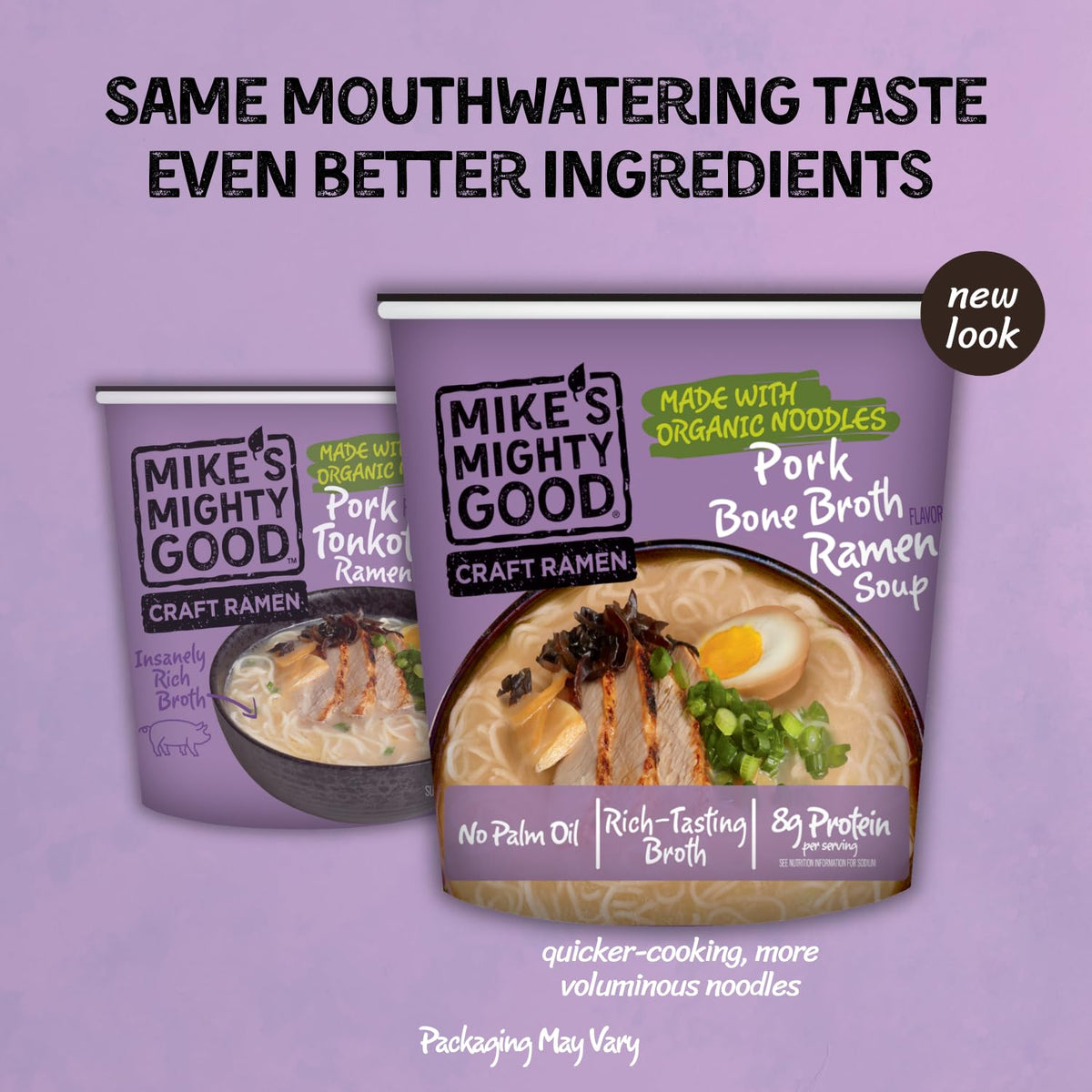 Mike's Mighty Good Bone Broth Pork Ramen Cup (6 Pack) – 8g Protein, Organic Steamed Noodles, Oil-Free