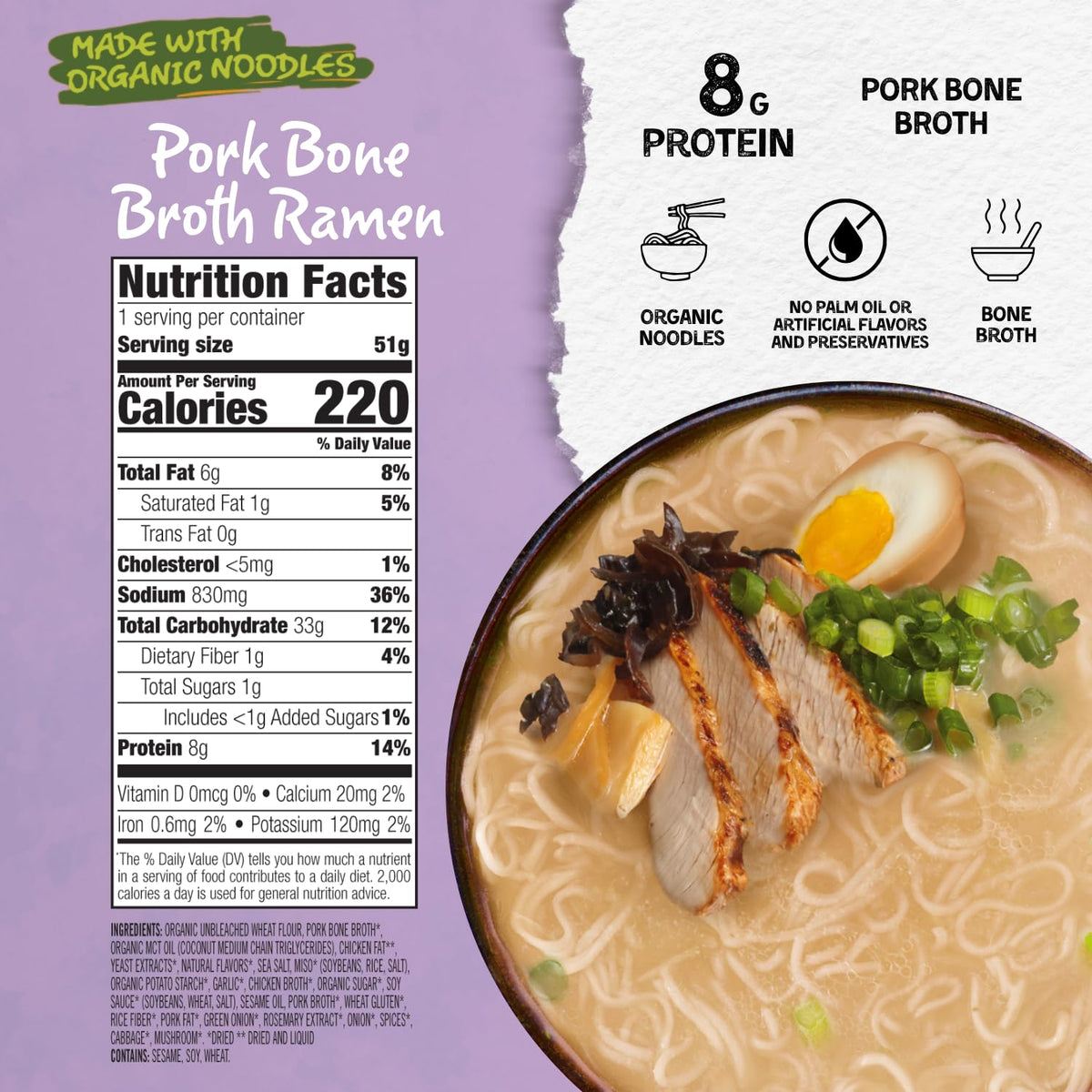 Mike's Mighty Good Bone Broth Pork Ramen Cup (6 Pack) – 8g Protein, Organic Steamed Noodles, Oil-Free
