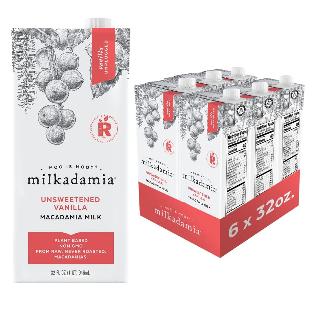 Milkadamia Macadamia Milk - Unsweetened Vanilla - 32 Fl Oz (Pack of 6) - Lactose Free, Vegan, Dairy Free