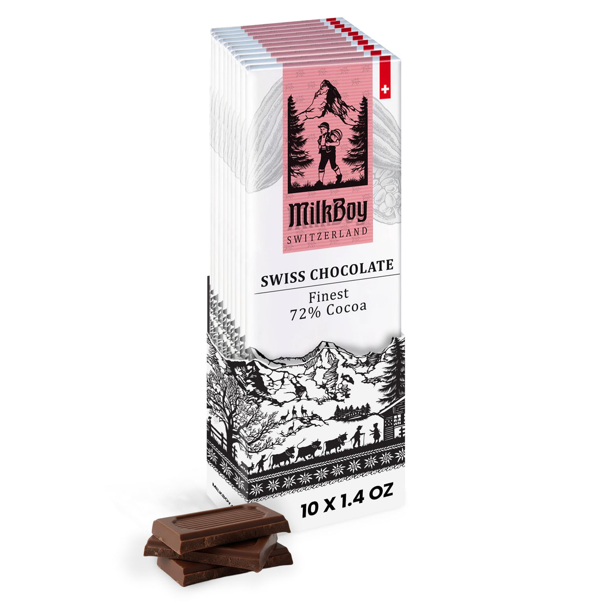 MilkBoy Swiss Chocolates Gourmet Dark Chocolate Bar 72% — 1.4 oz, 10 Pack | Made in Switzerland, Kosher, Vegan, Gluten Free