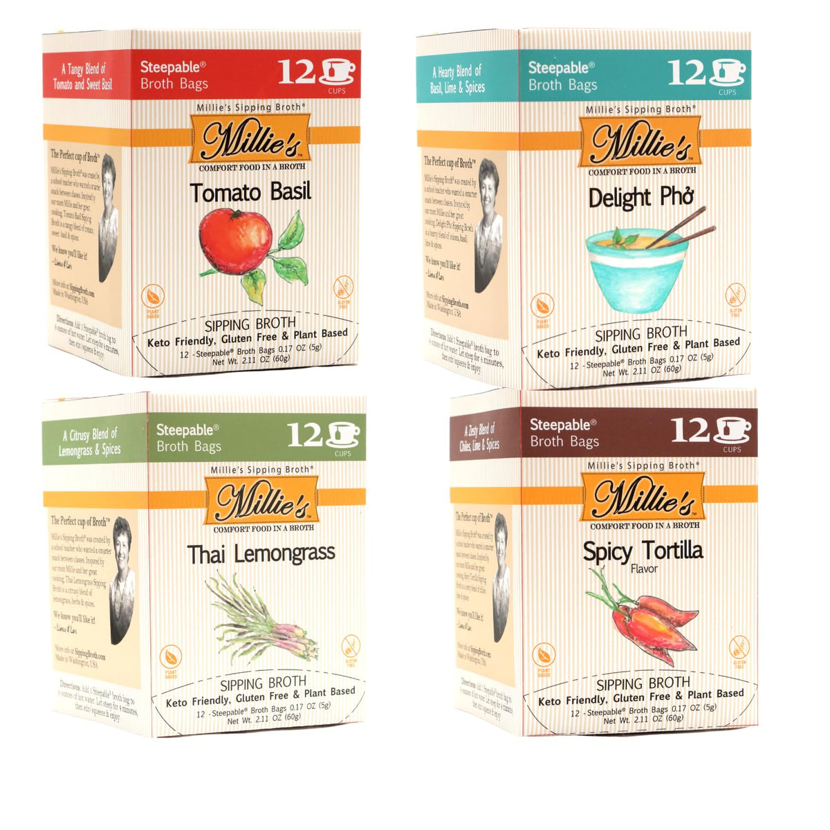 Millie's Sipping Broth – Steepable Veggie Broth with Savory Seasonings | 4 Flavor Set (48 Bags) | Vegan, Keto, Gluten Free