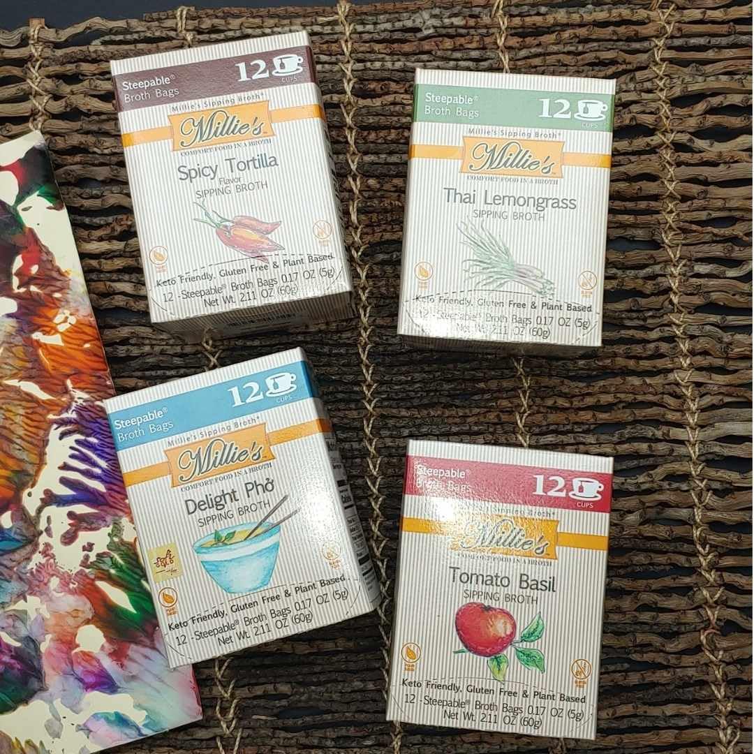 Millie's Sipping Broth – Steepable Veggie Broth with Savory Seasonings | 4 Flavor Set (48 Bags) | Vegan, Keto, Gluten Free