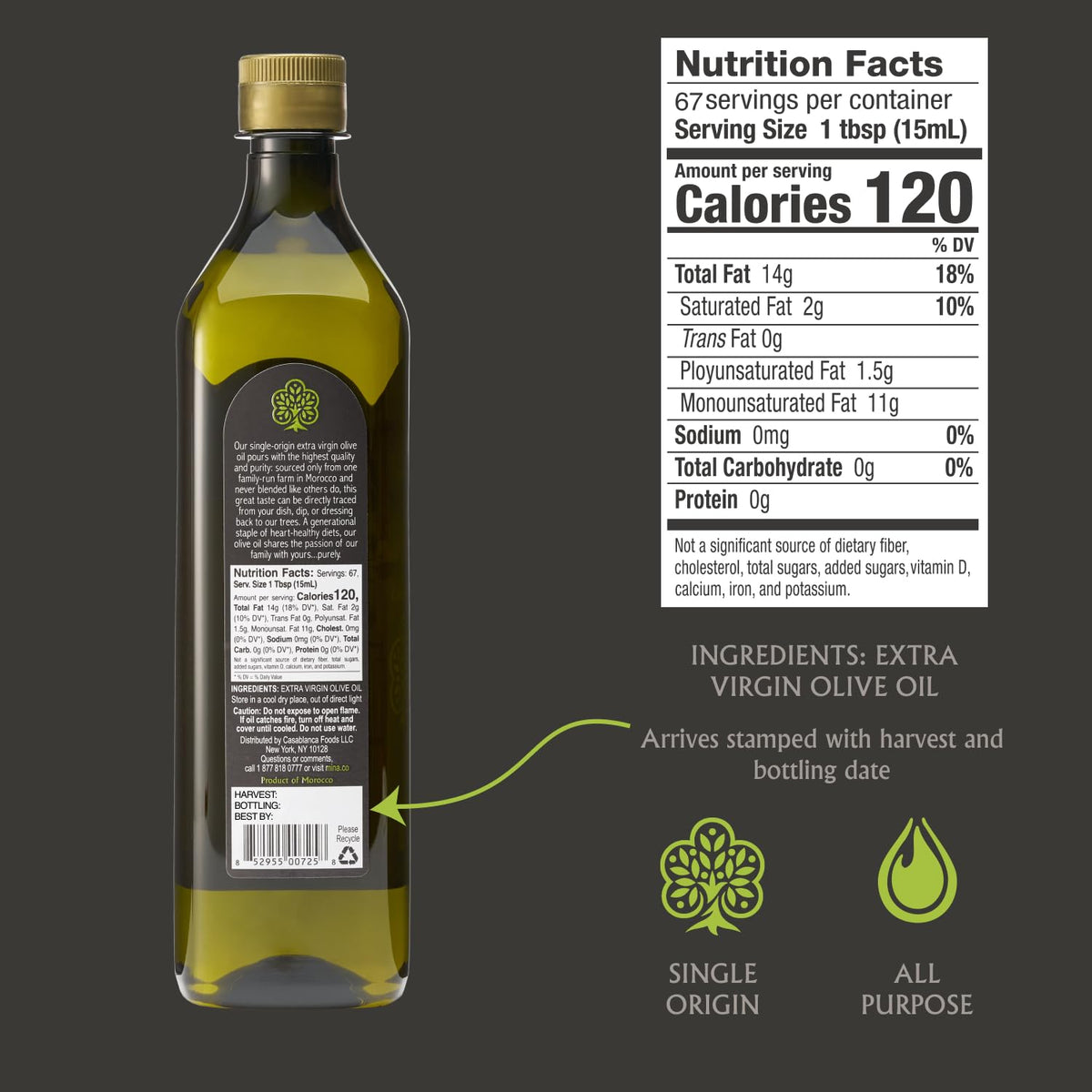 Mina Moroccan Olive Oil Extra Virgin – Single Origin, Polyphenol Rich, 1 L, Cold-Extracted