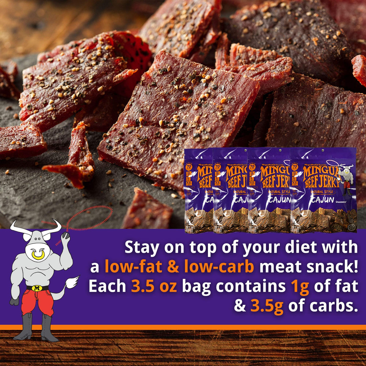Mingua Beef Jerky Cajun-Seasoned – Nitrite-Free Spicy Jerky, 100% US Beef (4-Pack)