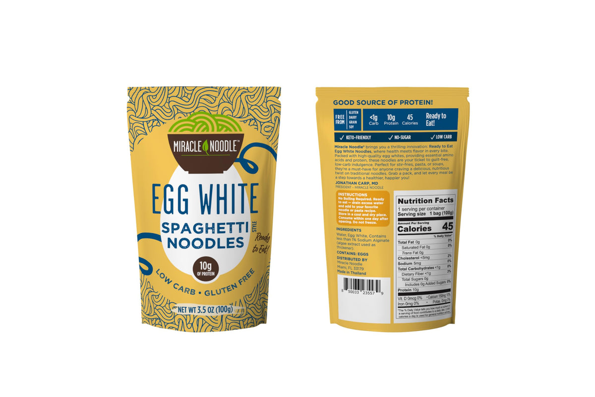 Miracle Noodle Egg White Spaghetti Pasta — Ready-to-Eat, 6 Pack, 10g Protein, 1g Net Carb, 45 Calories | Gluten-Free