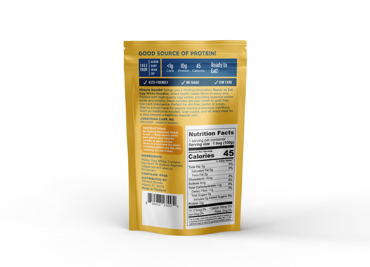Miracle Noodle Egg White Spaghetti Pasta — Ready-to-Eat, 6 Pack, 10g Protein, 1g Net Carb, 45 Calories | Gluten-Free