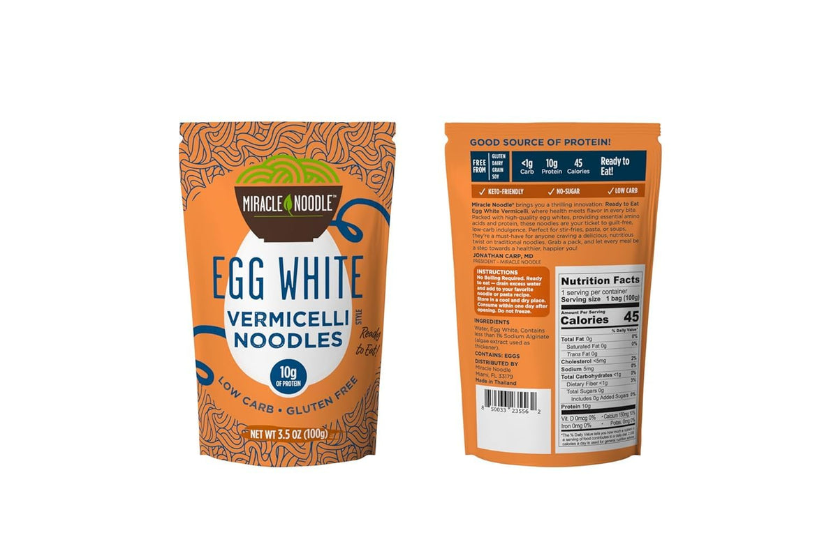 Miracle Noodle Egg White Vermicelli Angel Hair Pasta – 6 Pack, 10g Protein, 1g Net Carbs, Gluten & Dairy Free