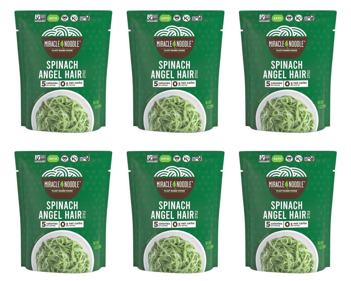 Miracle Noodle Ready-to-Eat Spinach Angel Hair Pasta | 6-Pack, 7oz, 5 Cal, 0g Net Carbs