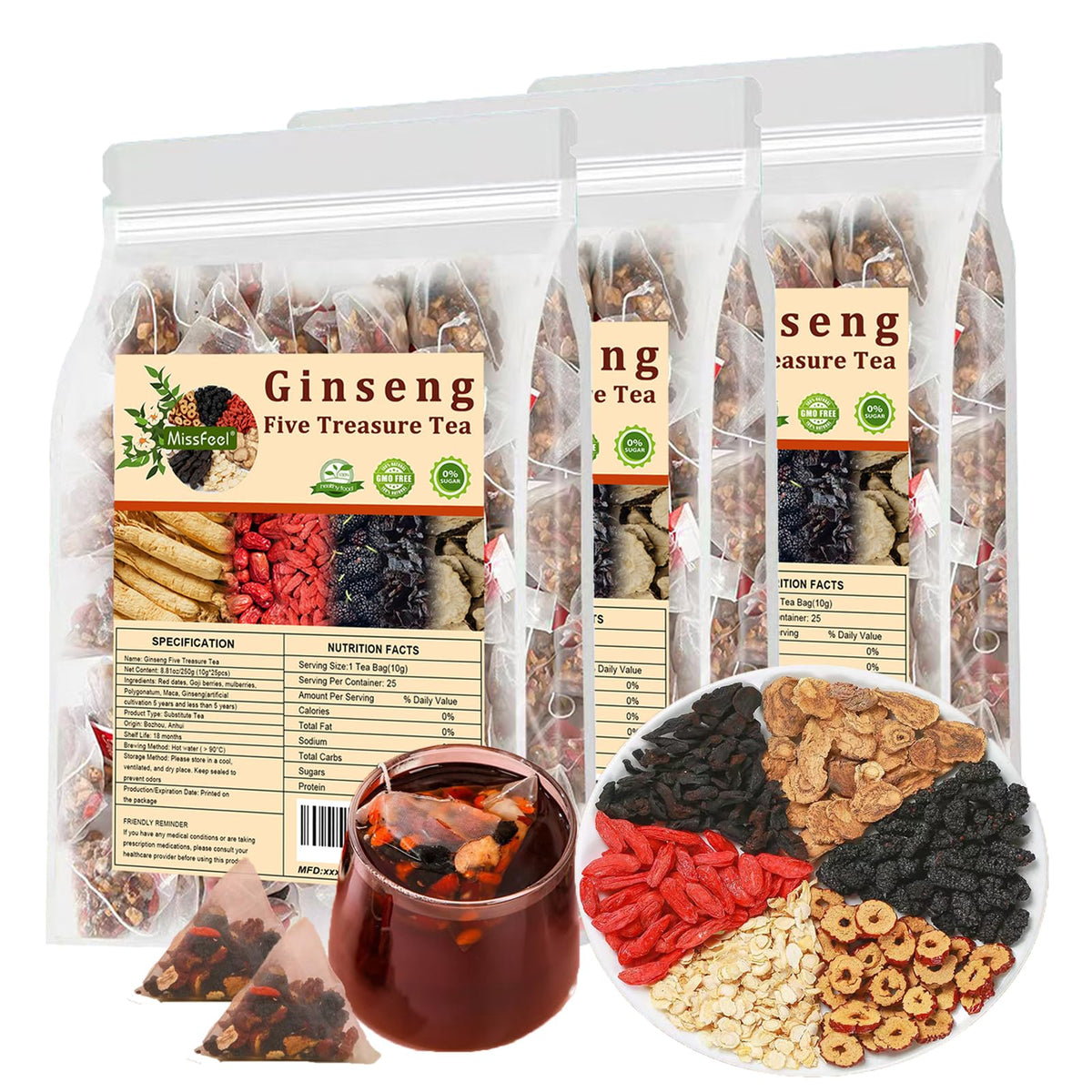 Miss Feel Ginseng Five Treasure Tea – Kidney Tea Formula, Organic Herbal Detox, 3 Bags (75 Pcs)