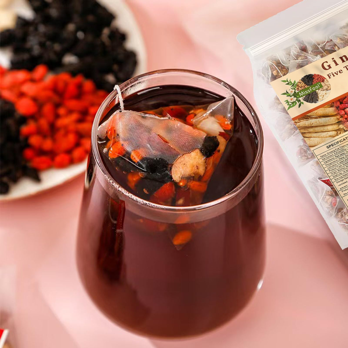 Miss Feel Ginseng Five Treasure Tea – Kidney Tea Formula, Organic Herbal Detox, 3 Bags (75 Pcs)