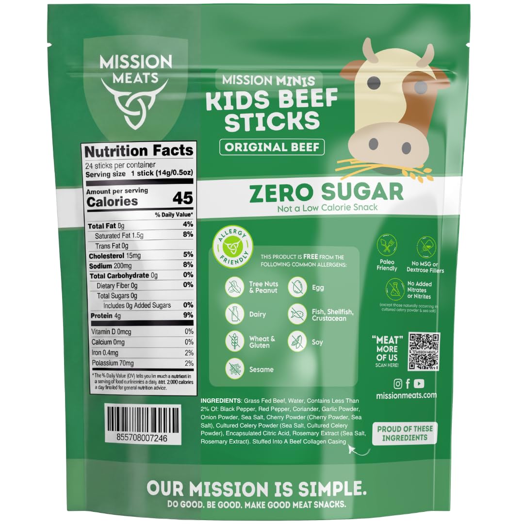 Mission Meats Kids Beef Sticks – 0.5oz, 24-Pack, Grass-Fed, Zero Sugar, 4g Protein, Gluten & Nut Free